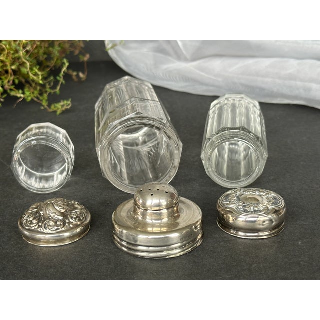 Antique Victorian - Edwardian Glass Vanity Jar Set With Sterling Silver Lids For Sale - Image 9 of 11