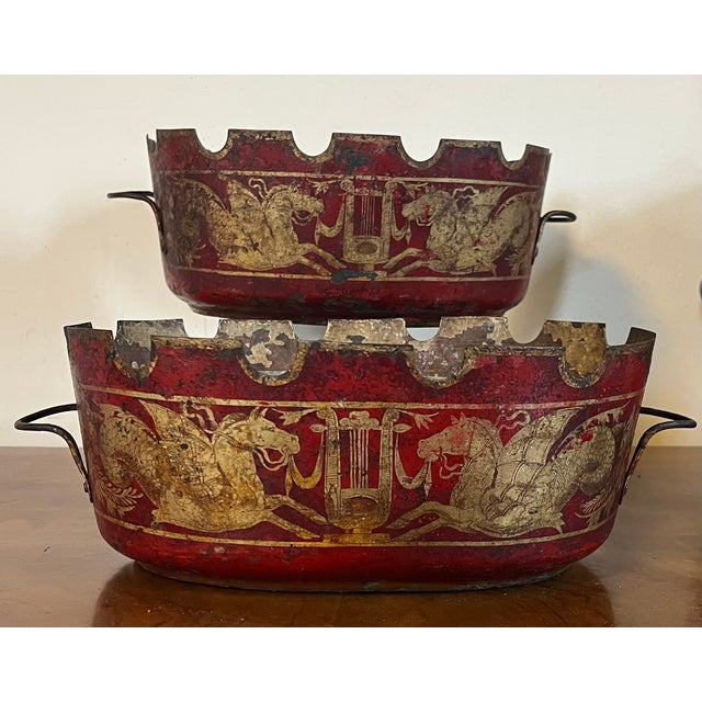 Antique 19th Century French Empire Tole Monteiths or Cachepot Jardinieres With Neoclassical Winged Horses or Pegasus & Lyres Circa 1820 - A Pair For Sale - Image 13 of 14