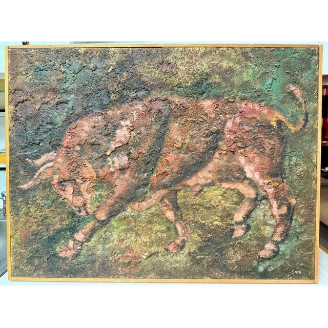 Brutalist Textured Mid Century Bull Art Framed in Walnut. Such a great little statement piece. Original Artwork clearly...