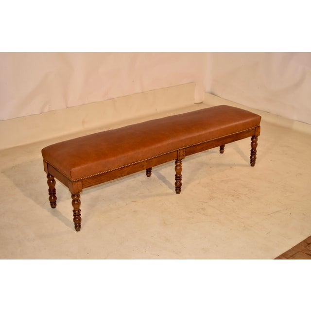 Victorian 19th Century English Oak Upholstered Leather Bench For Sale - Image 3 of 9