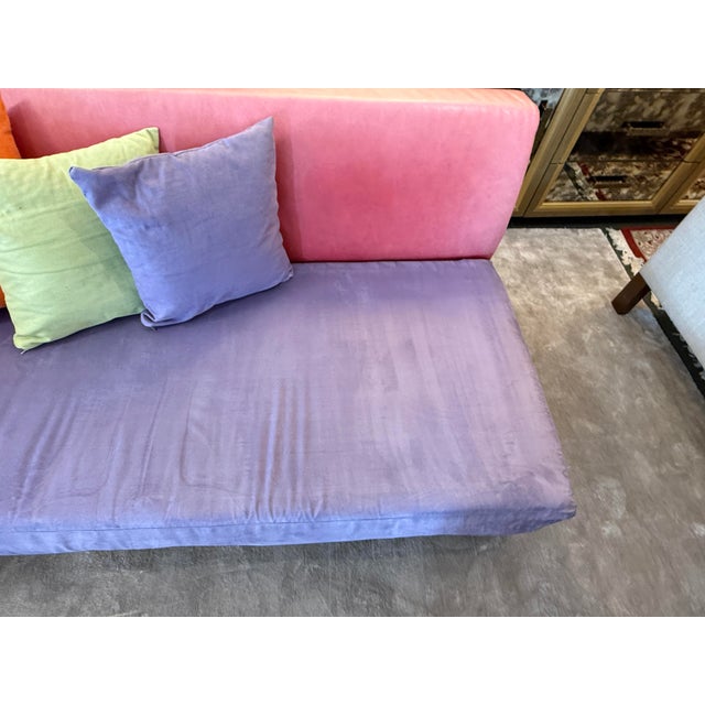 Lavender Micro-Suede + Rose Pink Leather Chaise Sofa For Sale - Image 9 of 12
