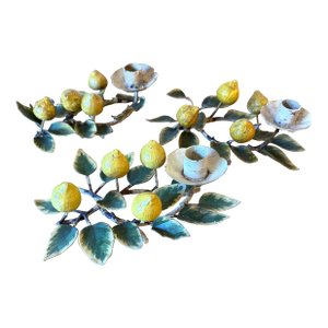 Vintage Tole Peinte Lemon Branch Candle Holders- Set of 3