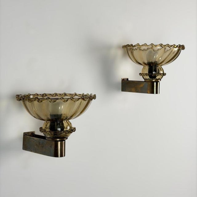 Art Deco Amber Murano Glass Sconces by Aureliano Toso for Toso, 1940s, Set of 2 For Sale - Image 9 of 18