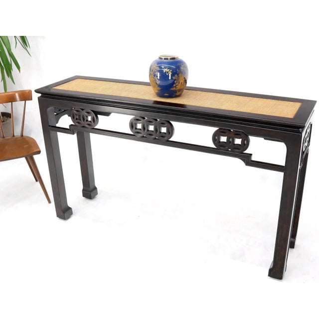 Mid-Century Modern Ebonized Mahogany Cane Top Asian Influence Console Table For Sale - Image 3 of 10