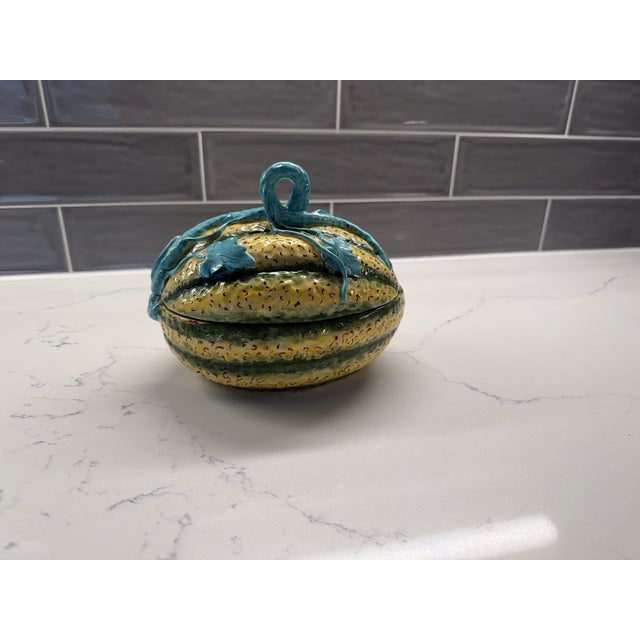 Vintage Italian Majolica Melon Tureen with Lid A whimsical piece of vintage Italian majolica, this sculptural ceramic...
