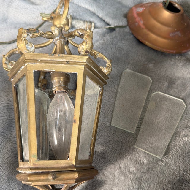 Vintage French Rococo-Style Hexagonal Brass & Glass Hall Lantern For Sale - Image 4 of 6