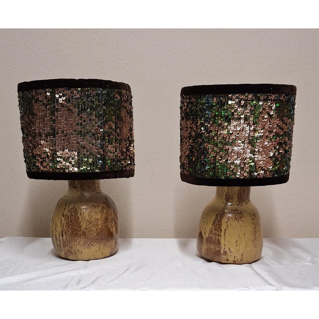 Vintage Table Lamps with Beige-Brown Ceramic Base and Sequined Shade by Lamplove, 1980s, Set of 2, in Very Good...