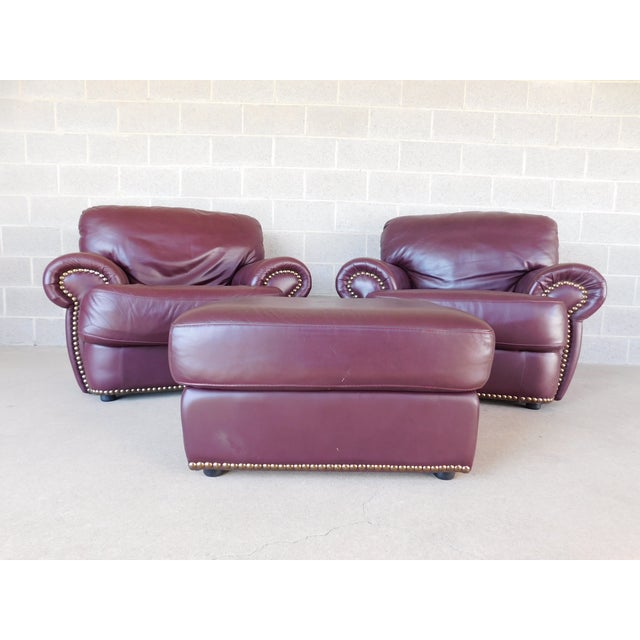Chateau d'Ax Italian Leather Club Chairs & Ottoman For Sale - Image 11 of 11