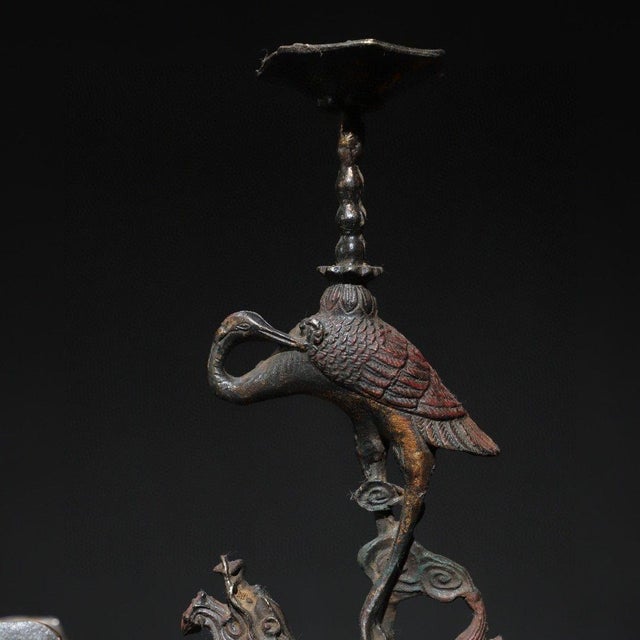 Chinese Late 19th Century Pair of Gilt Bronze Crane & Turtle Candle Holders - "Turtle & Crane Longevity" For Sale - Image 3 of 9