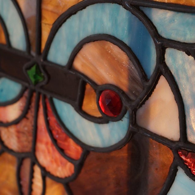 Arts & Crafts Leaded Slag & Jeweled Stained Glass Window with Stylized Owl, Circa 1920 For Sale - Image 9 of 12