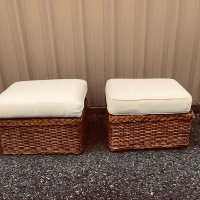 Contemporary 1980s Bielecky Brothers Style Wicker Lounge Chairs With Matching Ottomans, Set of 4 For Sale - Image 3 of 7