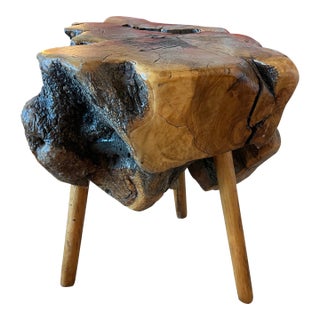 1960s Mid Century Cypress Root Side Table Live Edge Burl Tripod Stool George Nakashima Style Sculptural Organic Studio Craft For Sale