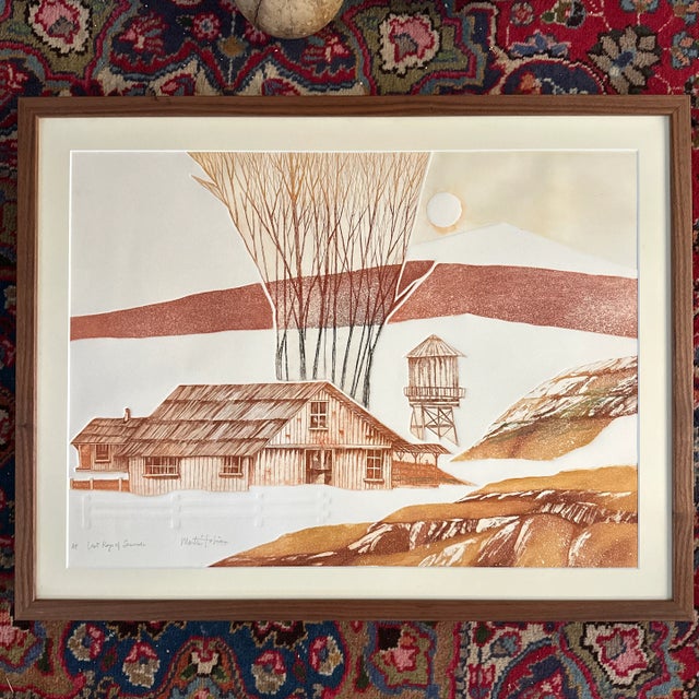 Contemporary Vintage Print by Artist Martin Tobias, Last Rays of Summer, Framed Farm Landscape in Rust Tones Intaglio Plate For Sale - Image 3 of 9