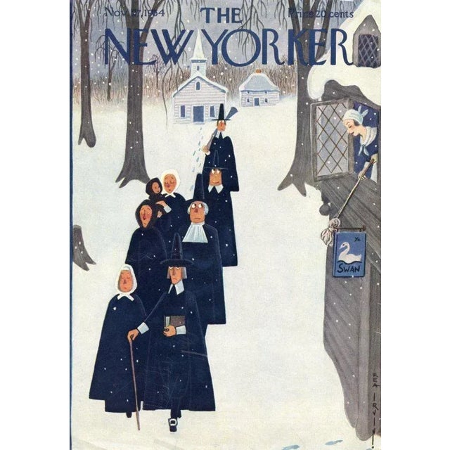 Original vintage New Yorker magazine cover dated November 27, 1954 featuring a Thanksgiving and Pilgrims theme. Based on...
