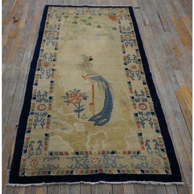1930s Beige Peacock Scene Pictorial Antique Chinese Peking Carpet 3' X 5'9" Knotted Wool Rug For Sale In New York - Image 6 of 13