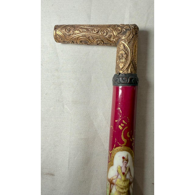 Antique 1800's Victorian Yellow Gold Filled Wood Porcelain Walking Stick Cane For Sale - Image 4 of 17