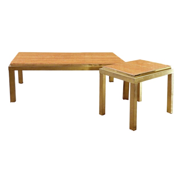Coffee Tables in Brass and Red Marble, 1970s, Set of 2 For Sale