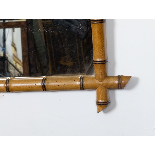 French Turn of the Century Walnut Faux Bamboo Light Brown Wall Mirror, 1900s For Sale - Image 4 of 9