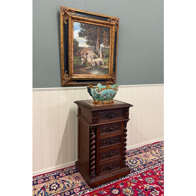 BEAUTIFUL Late 19th Century Antique French Carved Oak Barley Twist Marble Top Accent End Table, Chest or Pedestal with...