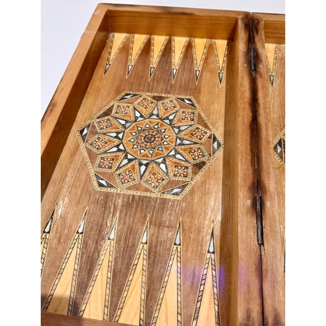 Vintage Handcrafted Damascus Marquetry Inlaid Wood Folding Backgammon Board Box For Sale - Image 9 of 10