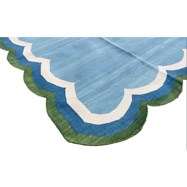 Not Yet Made - Made To Order Not Yet Made - Made To Order Handmade Cotton Vegetable Dyed Scalloped Edge Rug Sky Blue With Forest Green Border - 10'x14' For Sale - Image 5 of 11