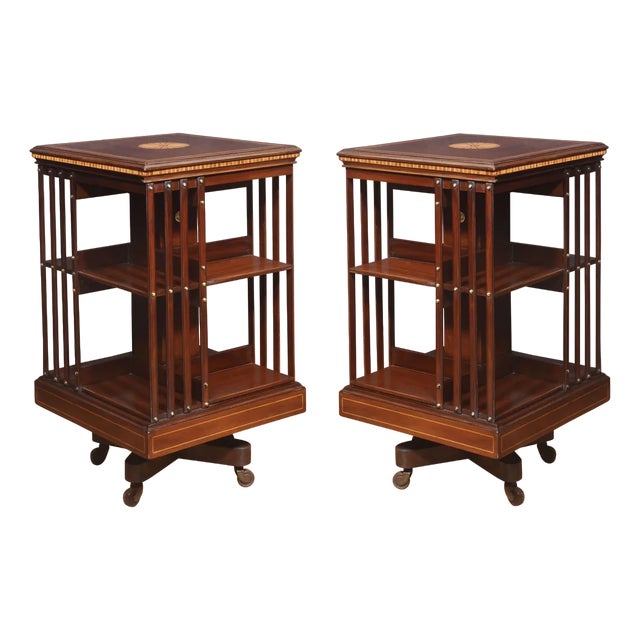 Mahogany Inlaid Revolving Bookcases from Maple and Co., 1890s, Set of 2 For Sale