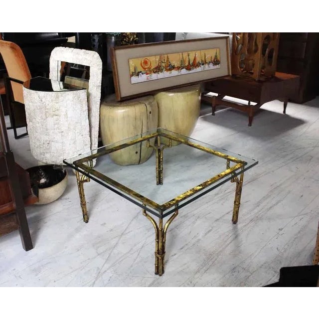 Vintage Mid Century Gilt Metal Faux Bamboo Thick Glass Top Square Coffee Table For Sale - Image 6 of 7