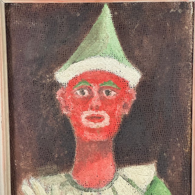 Vintage Folk Art Oil on Woven Fabric Painting of Red Faced Circus Clown in Green Suit, Signed J D For Sale - Image 4 of 10