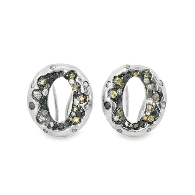 Unique 14K White Gold Champagne Diamond O Earrings. Metal: 14K White Gold Gemstones: Brilliant Round Champagne, Black, and...