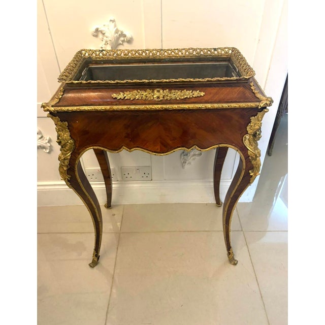 Antique French Victorian Ormolu Mounted Kingwood Jardiniere Stand with Porcelain Plaque, 1860 For Sale - Image 4 of 17