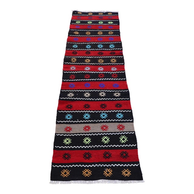 1960s Cabin Style Stripe Design Hand Knotted Oushak Kilim Runner Rug For Sale