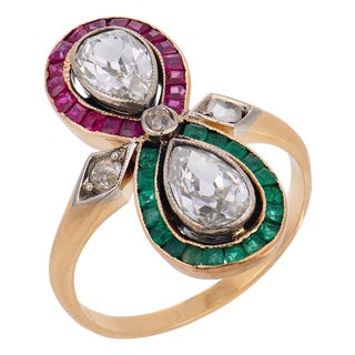1910s Edwardian Diamond Ruby Emerald 14k Yellow Gold Toi Et Moi Ring, Size 6.75 For Sale