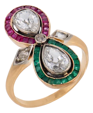 1910s Edwardian Diamond Ruby Emerald 14k Yellow Gold Toi Et Moi Ring, Size 6.75