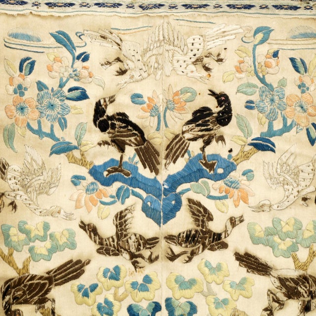Chinese Framed Antique Chinese Silk Embroidered Robe Sleeves Floral and Birds For Sale - Image 3 of 9