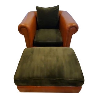 Ralph Lauren Brown Leather Club Chair With Ottoman For Sale