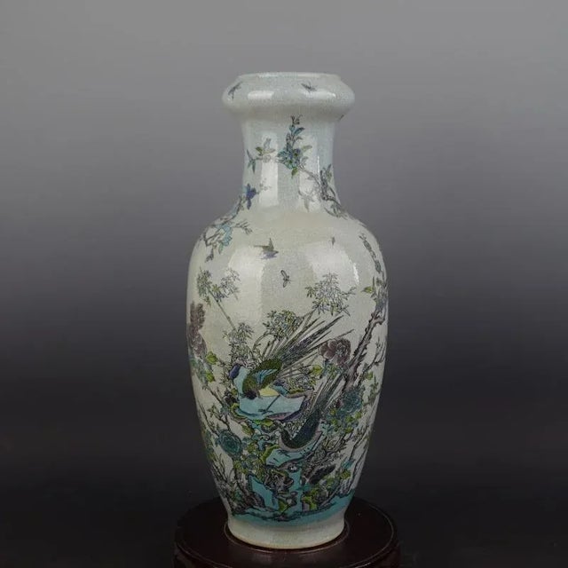 1900 - 1909 Chinese Vintage Porcelain Vase Qing Dynasty Qianlong Marked Crackle Glaze Famille Verte Porcelain Vase Hand Painted Flowers and Birds Pattern For Sale - Image 5 of 8