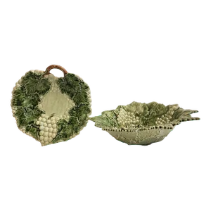 Vintage Portugal Caldas Majolica Footed Grape Leaves Berry Bowl and Platter Set-2 Pieces