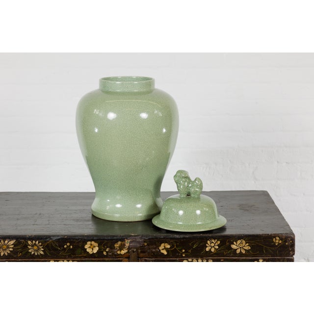 Crackle Green Celadon Lidded Vase with Stylized Foo Dog Finial For Sale - Image 10 of 12