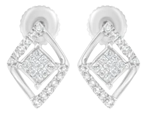 10K White Gold 1/3 cttw Princess-cut Diamond Double Triangle Composite Stud Earrings