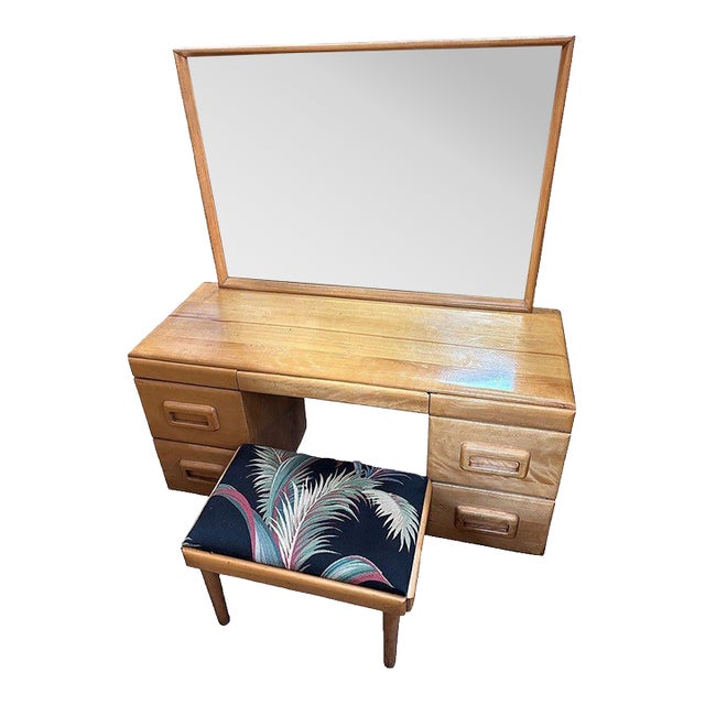 1940s Mid-Century Blond Maple Vanity/ Dressing Table W/ Bench by Russel Wright for Conant Ball - Set of 2 For Sale