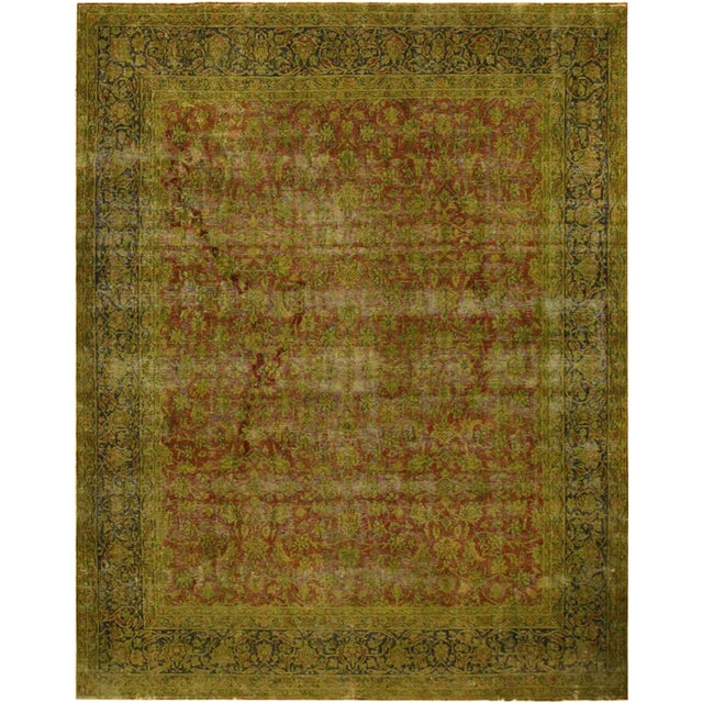 1980s Semi Vintage Distressed Over Dyed Rust/Blue Wool Rug -9'9 X 12'8 For Sale
