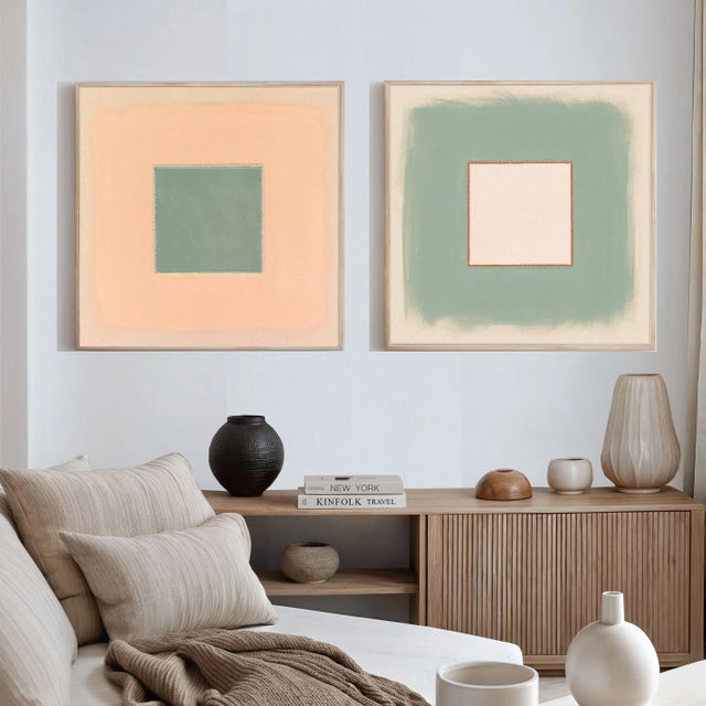 'Sage/Glow Box' and 'Soft Pink/Sage Box'' Fine Art Prints, Pair by Emily Keating Snyder Prints are 30 x 30 in. each and...