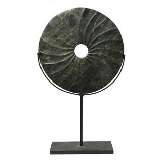 Dark Green Stone Crafted Round Fengshui Harmony Plaque on Stand Display For Sale