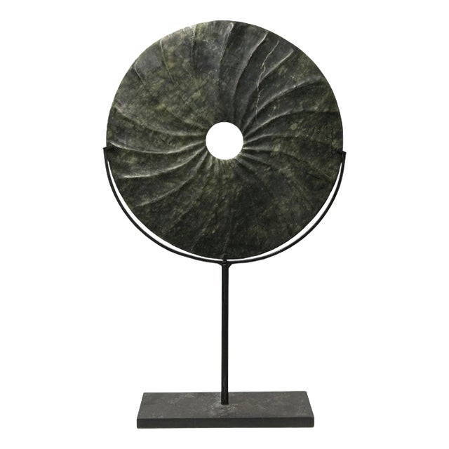Dark Green Stone Crafted Round Fengshui Harmony Plaque on Stand Display For Sale