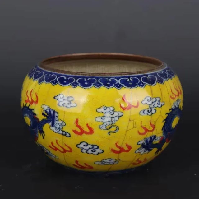 Art Deco Chinese Vintage Ceramic Pot,Old Porcelain Factory Blue and White Famille Verte Porcelain Brush Washer Hand Painted Cloud and Dragon Pattern For Sale - Image 3 of 6