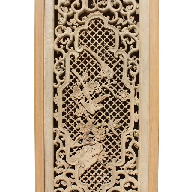 Chinese Rectangular Wood Flower Bird Carving Wall Panel