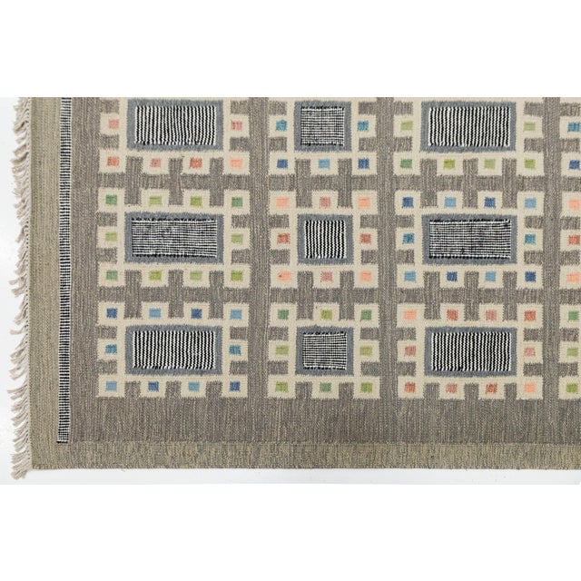 Textile Modern Swedish Style Handmade Wool Rug With Grid Motif and Colorful Accents For Sale - Image 7 of 11