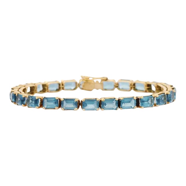 18k Yellow Gold 18.5ct Blue Topaz Byzantine Tennis Bracelet by VRJewels For Sale