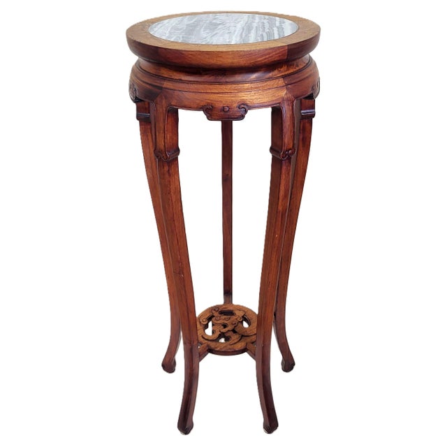 Pair Vintage Chinese Bamboo Carved Hardwood & Marble Top Plant Stand Pedestals For Sale - Image 4 of 18