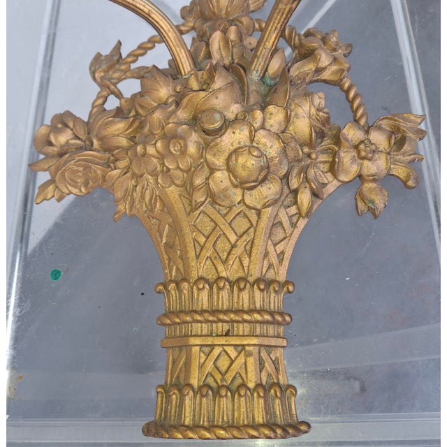 19thc XL French Louis XVI Bronze 2 Light Floral Basket Wall Sconce For Sale - Image 9 of 18